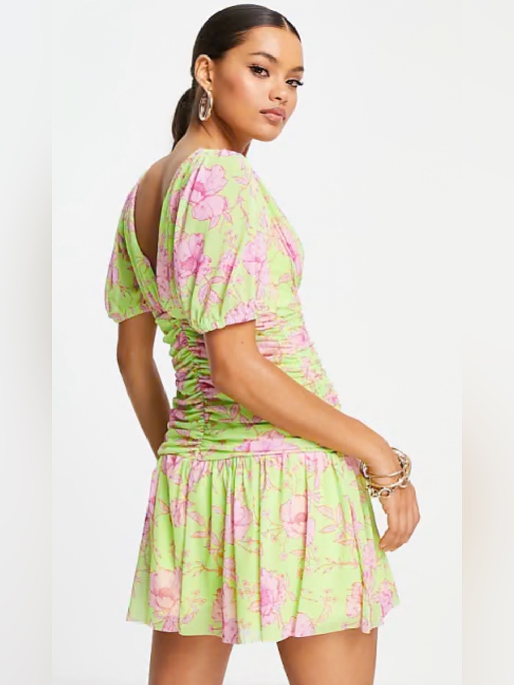 ASOS DESIGN Puff Sleeve Ruched Pep Hem Bright Lime Floral Mini Dress Sz 8 Petite